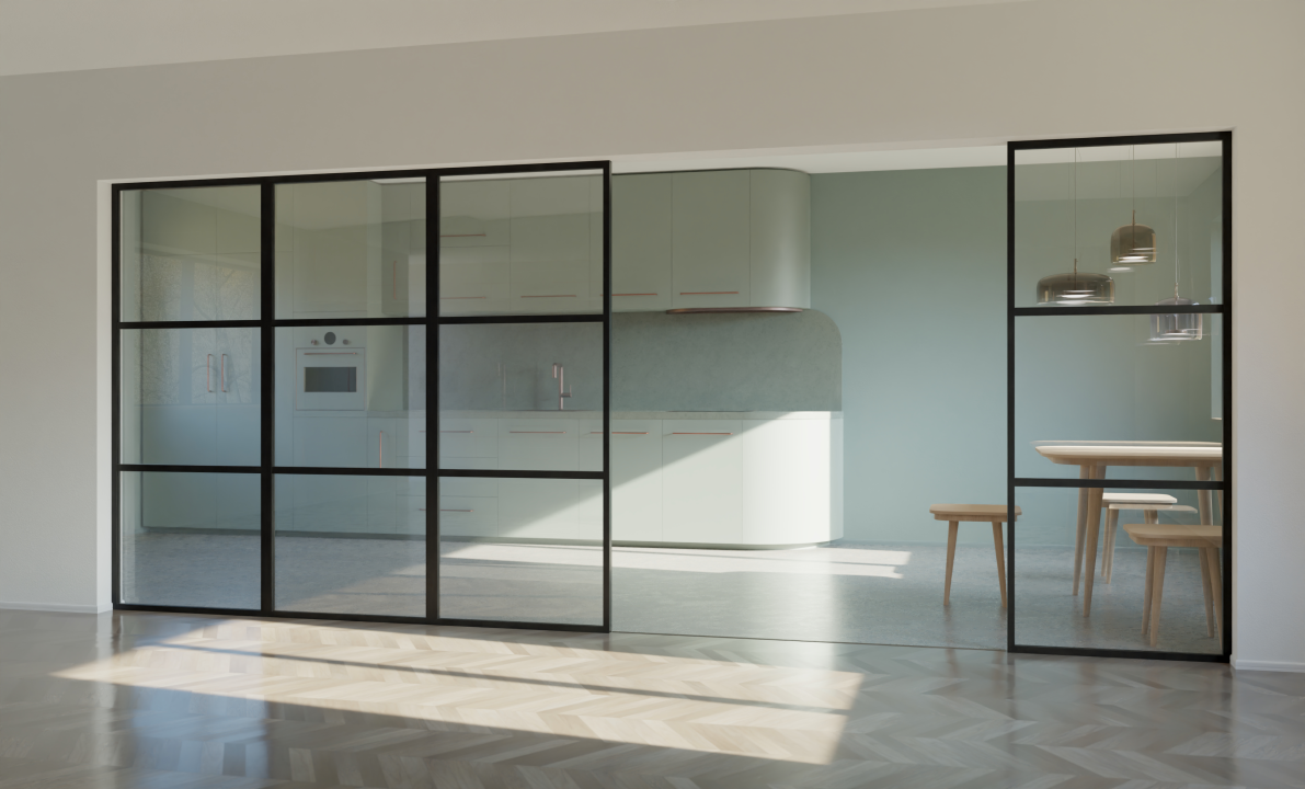 Spacious kitchen view through a black-framed glass sliding door, showing modern cabinets, a dining table, and hanging lights.
