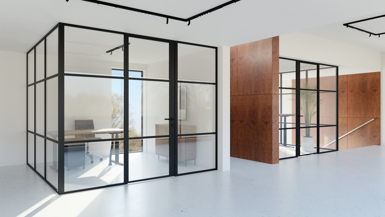 Modern office setting featuring glass-walled rooms with black frames and wood-paneled accents, housing desks and chairs.