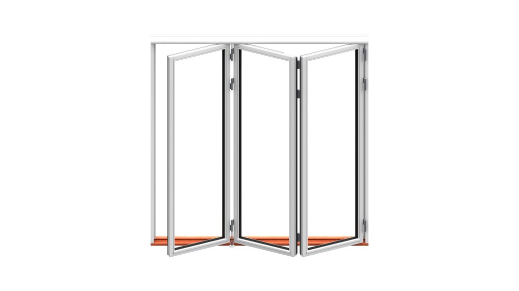 White bi-fold doors partially open, showcasing their folding mechanism and multiple glass panels.