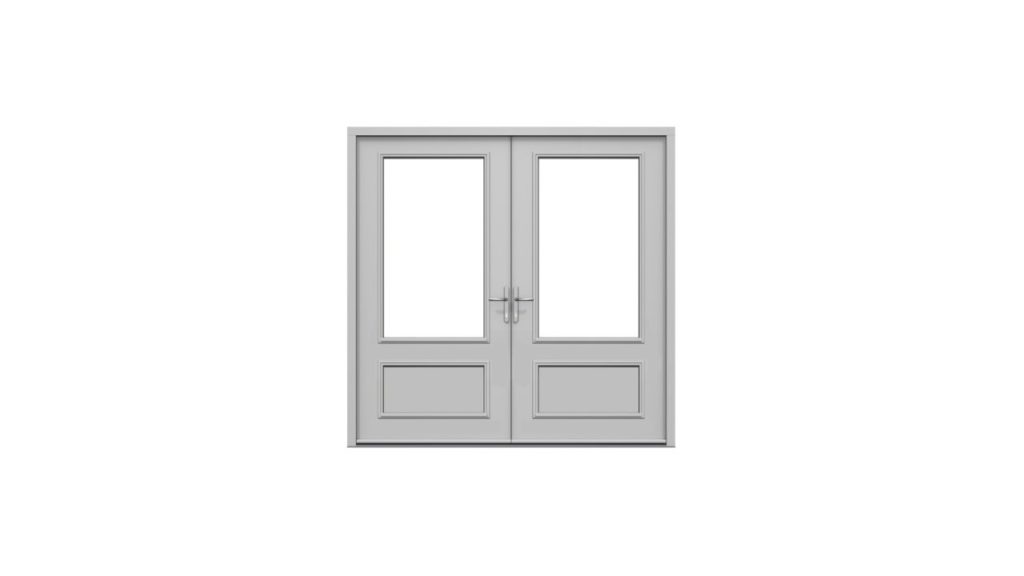 A white set of modern French doors with two glass panes and a lower solid panel on each door.