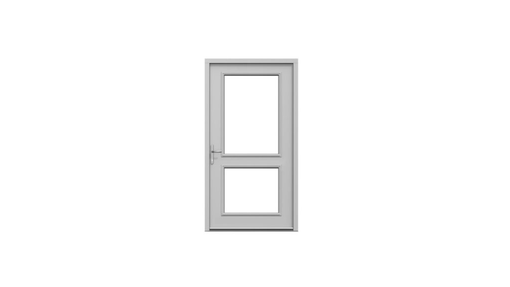A simple white entrance door with two large glass panels and a silver handle.