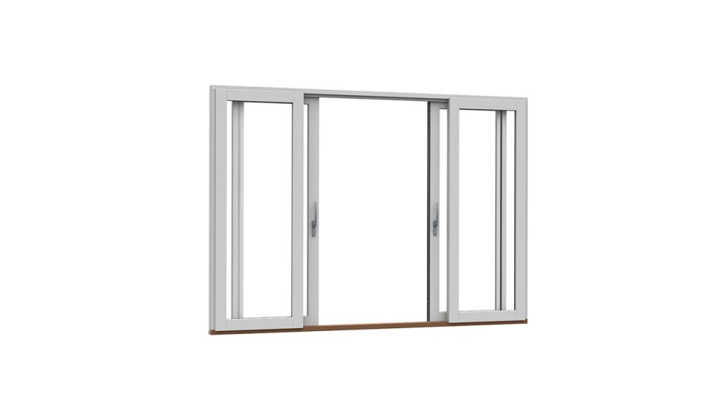 A white sliding patio door system with two movable central panels and two fixed end panels.