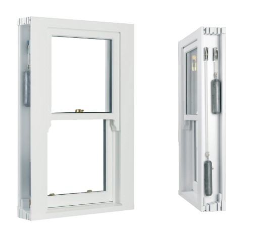 White sliding sash window displayed from two angles, revealing the counterweight system that ensures smooth operation and robust performance.