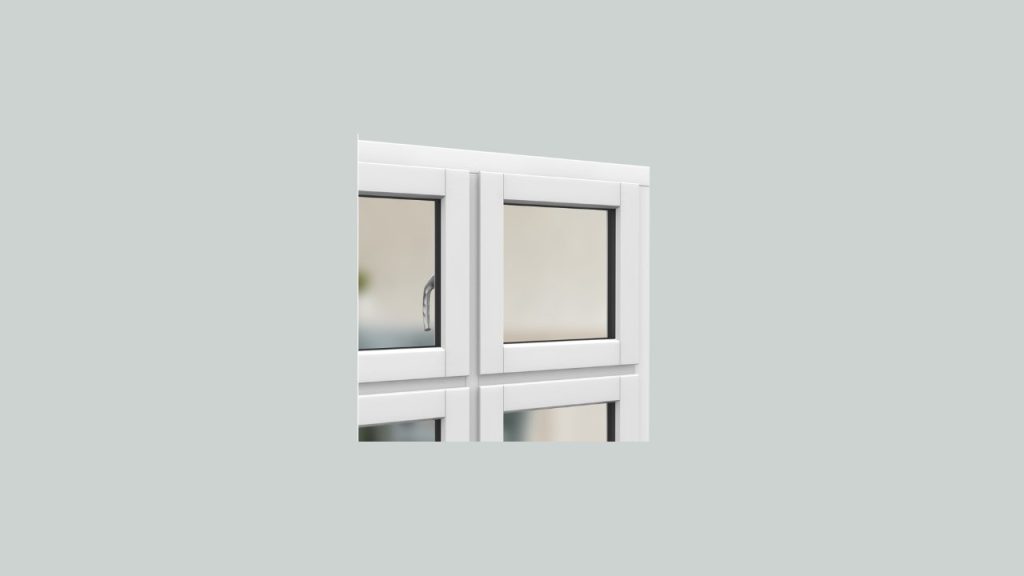 Close-up of a white casement window with a subtle handle, featuring clear glass panes, emphasizing its clean lines and simple functionality.