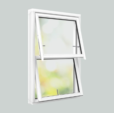 Illustration of a white dual-turn window with both sashes tilted inwards, demonstrating its versatile opening mechanism for ventilation and easy cleaning.