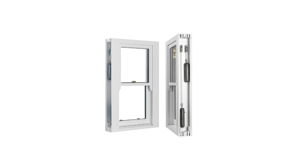 Detailed view of a white modern sliding sash window, showcasing its internal mechanism with weights and cords, highlighting both its design and functionality.